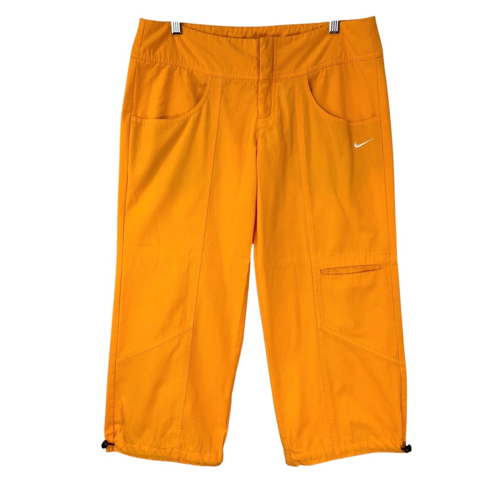 Nike Orange Cargo Capri Pants Medium Zip Fly Mid Rise Bungee Hem Swoosh Logo